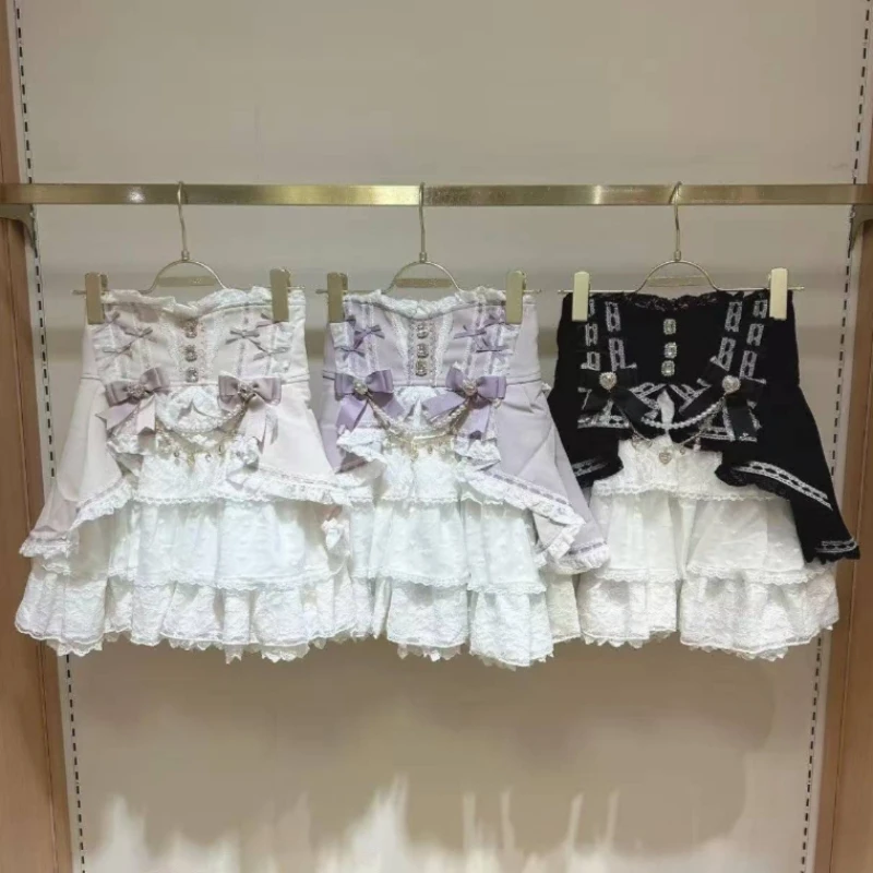 

Japanese Style Lolita Fashion Cake Skirt Sweet Cute High Waist Skirt Solid Kawaii Lace Y2k Mini Skirt Hot Girls Chic New