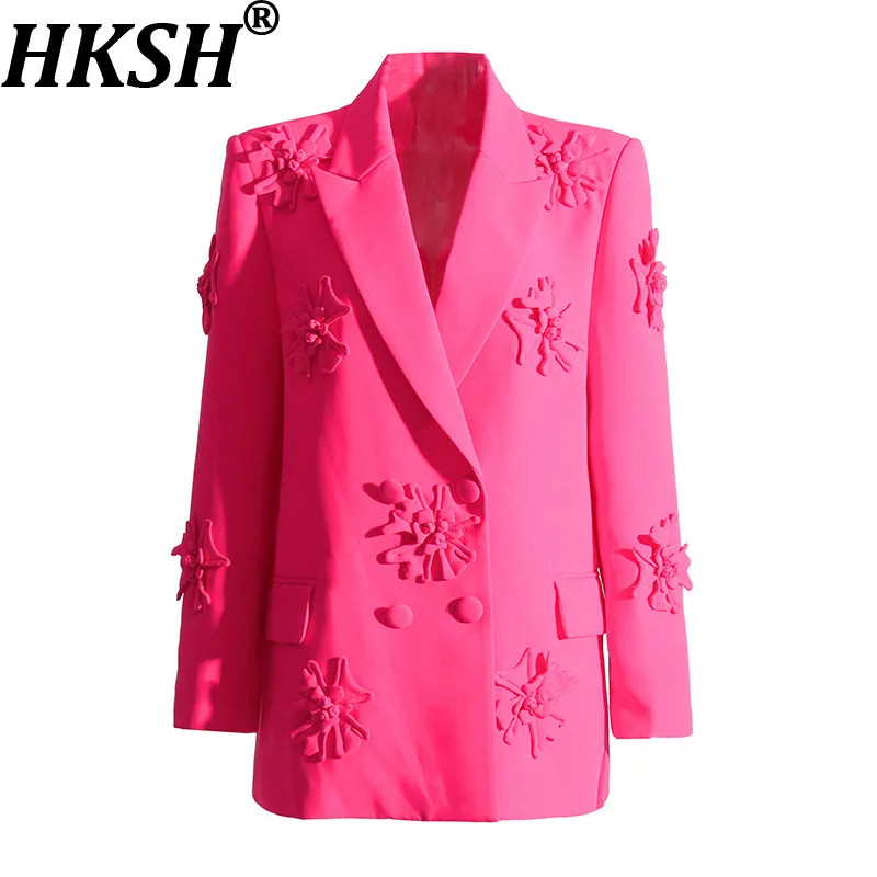

HKSH Spring Autumn New Women Blazer Turn-down Collar Double Breasted Three-Dimensional Flower Elegant Fashion Tide Coats HK11265