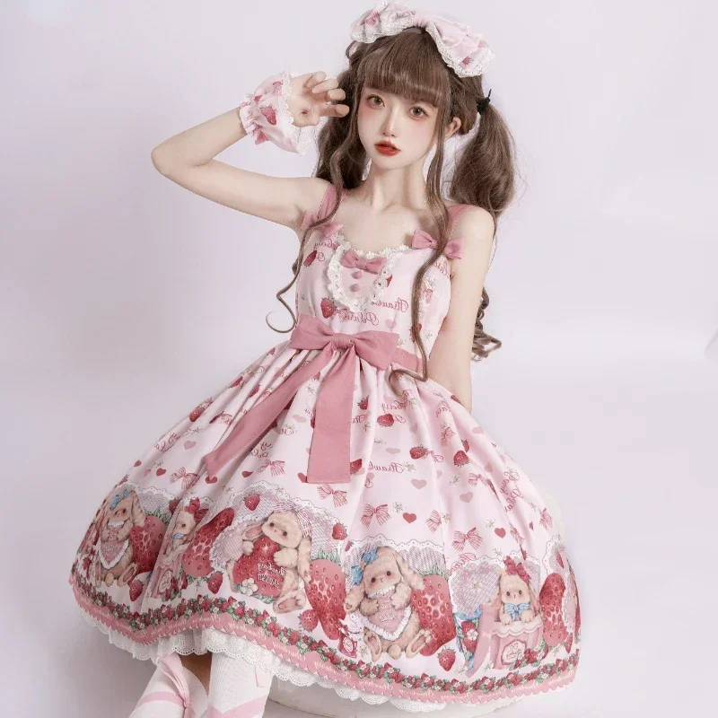 

2025 Victorian Sweet Lolita Jsk Dress Strawberry Cartoon Cute Rabbit Print Suspenders Dress Japanese Girl Kawaii Party Dresses