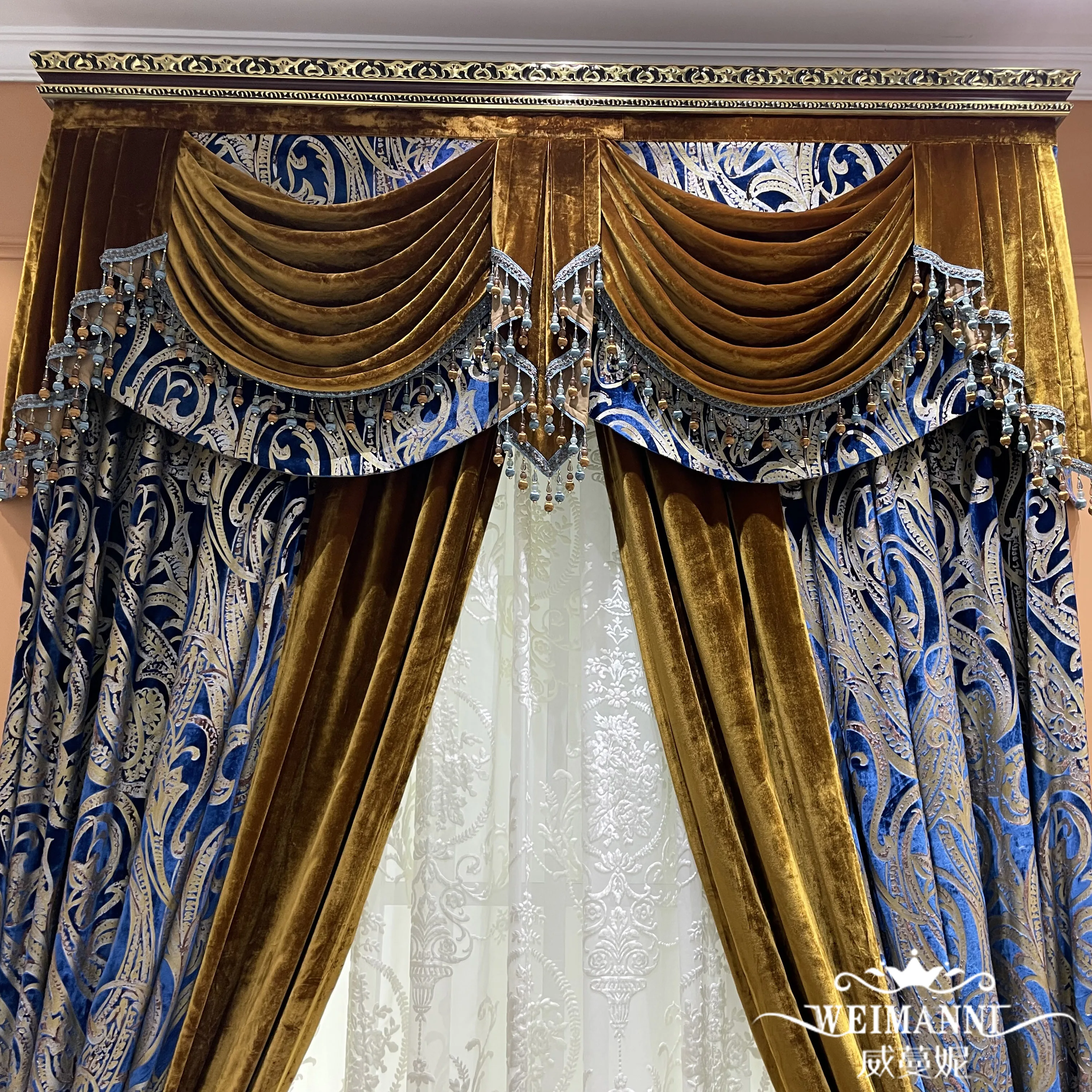 Custom Classic French retro palace window blue velvet living room blue cloth valance blackout curtain tulle drape C1984