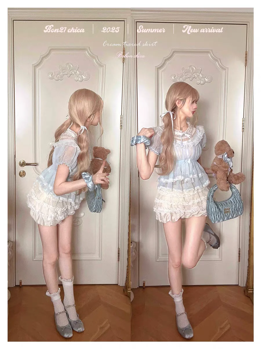 เสื้อเชิ้ตเจ้าหญิงโลลิต้าหวานๆ bobon21 Dewdrop Kiss สไตล์ฝรั่งเศส ลูกไม้ผูกโบว์ แนวเรโทร น่ารัก เสื้อเบบี้ดอลล์ T2418