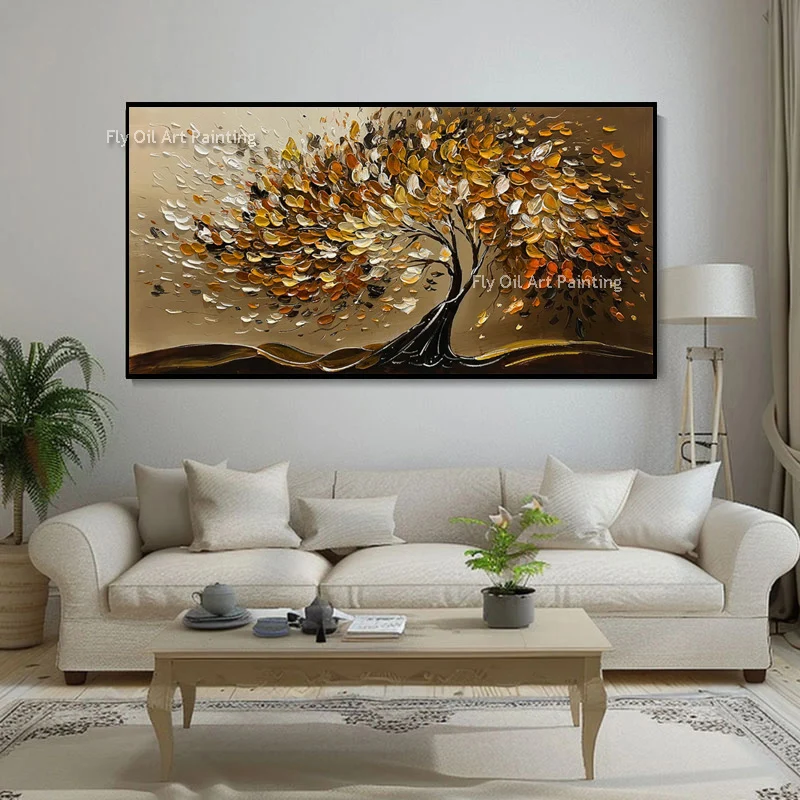 Large Hand Painted Green Beige Canvas Knife Thick Oil Painting As Gifts Abstract Brown Golden Yellow Tree Landscape Wall Art Dec