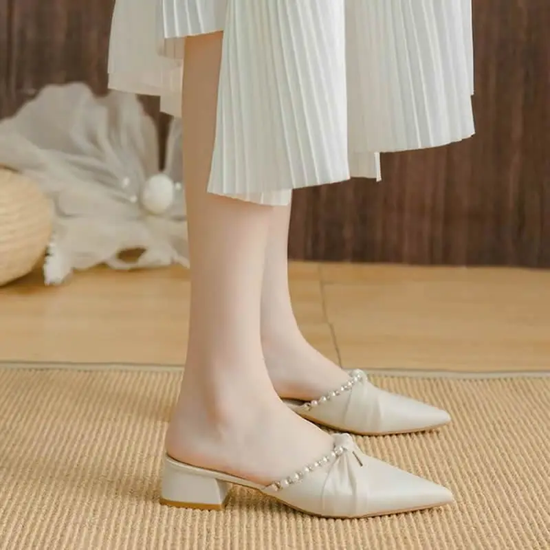 

Ladies Half Slippers Beige Color Shoes Designer Fabric and Leather Footwear For Women Street And Working Wear Girls With Pearl