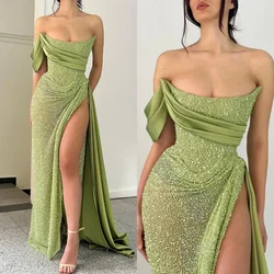 Stylish Green Maxi Sequin Ball Gown Strapless Evening Gown Pleated Slit Formal Red Carpet Special Occasion Party Dress