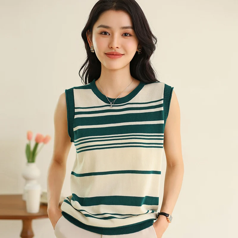 

2026 Women's Cotton Tank Top 100% Knitted Sleeveless Striped T-shirt Korean Fashion Hot Selling Women's Summer Top