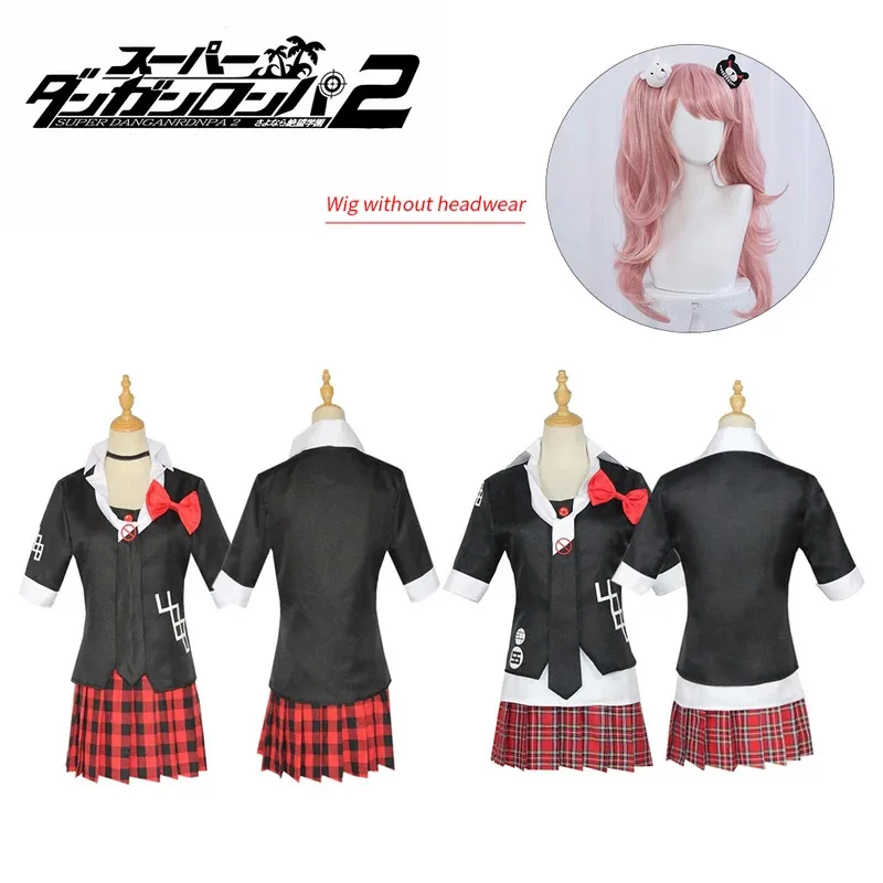 

Anime Danganronpa Cosplay Costume Enoshima Junko Uniform Cafe Work Clothes Short Skirt Double Tail Braid Wig