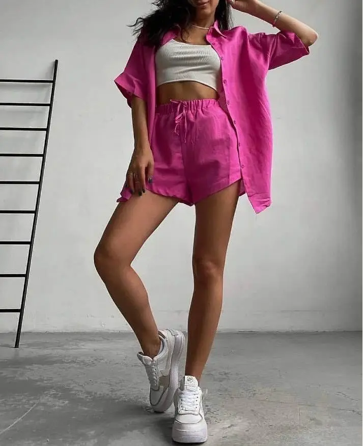 

2025 Summer Shorts Suit Women 2 Piece Sets Shirt Top Short Pants Single Breasted Turn Down Collar Lace Up Pockets Casual Outfits