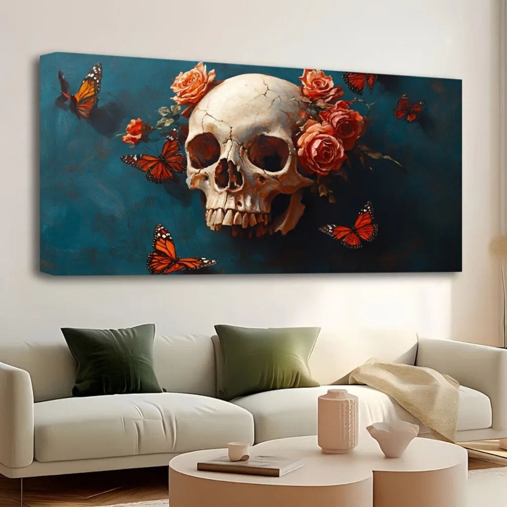 

1.5 inch thick pine solid wood frame, dim skull candle and butterfly painting, suitable for interior decoration
