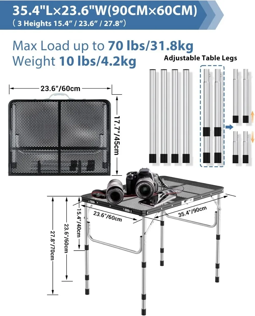 Mesa plegable, mesa de camping de altura ajustable con 2 ganchos, mesa de parrilla portátil de aluminio liviana y compacta para exteriores