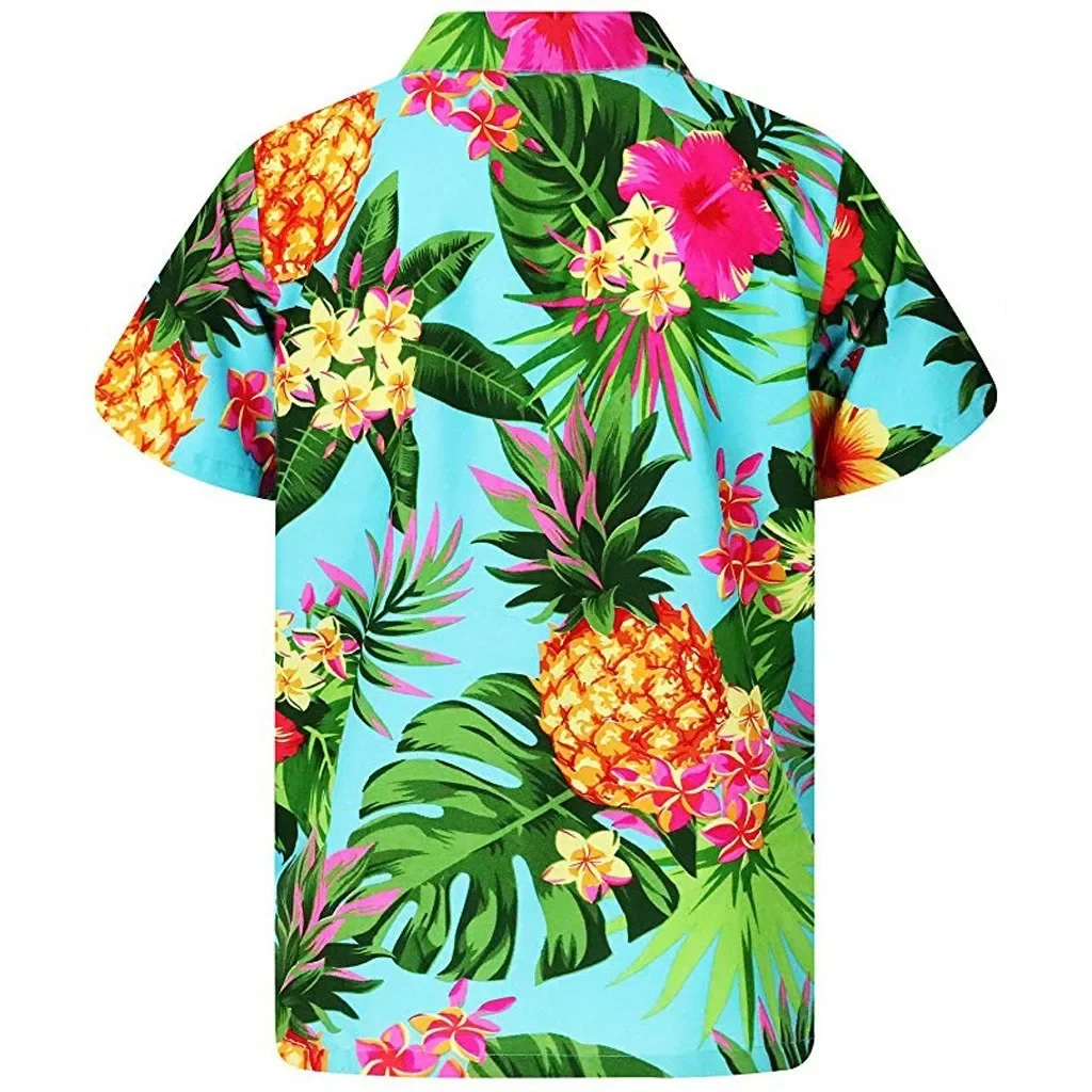 Funky Women's Hawaiian Shirt with Front Pocket Leaves Flowers Pineapple Print Summer Top for Women Casual Blouse