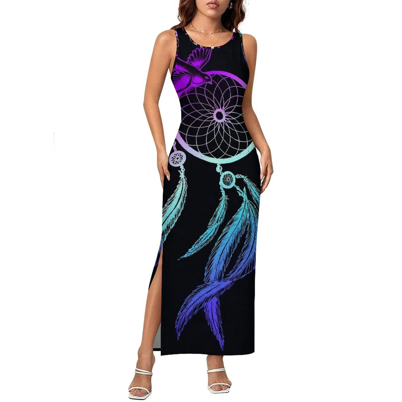 Sukienka damska Łapacz Snów Kolorowy Nadruk Modna Sukienka Bodycon Letnia Bez Rękawów Elegancka Sukienka Maxi Graficzna Oversize Vestido