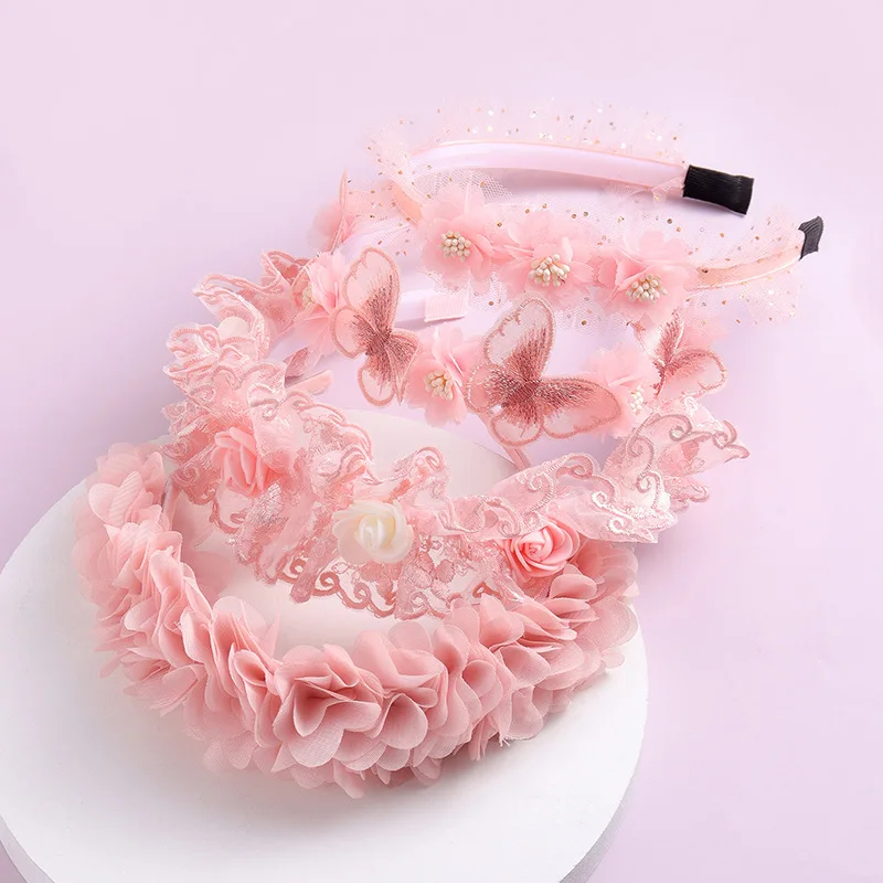 Pink Pearl Flower Hairbands for Kids Girls Cute Princess Non-Slip Hair Hoop Korean Sweet Children Headband Baby Hair Accessorie