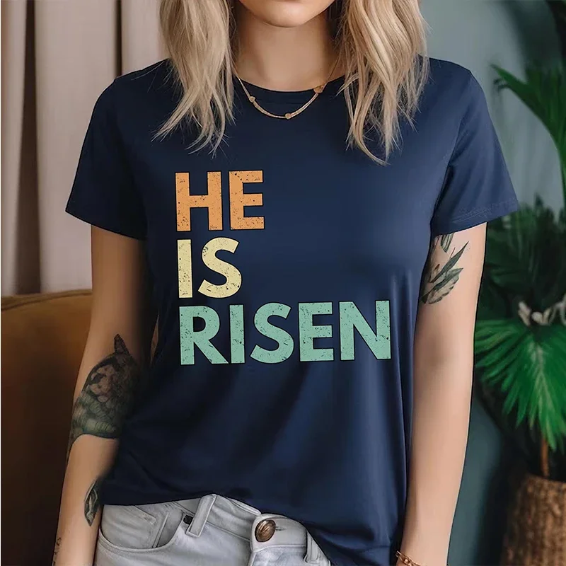 He Is Risen Retro Letter Print Inspirational Graphic T Shirts Women Harajuku Fashion O Neck Tshirt Causal Vintage Clothes