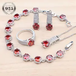 925 Silver Red Zircon Jewelry Sets Bridal Round Rings Earrings Bracelets Wedding Necklace Set Pendant For Women