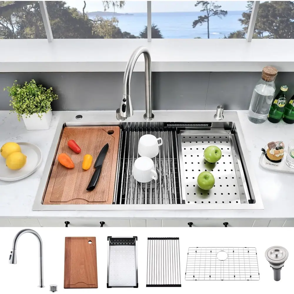 

33x22 Waterall Kitchen Sink with aucet Combo - 33x22 Drop In Kitchen Sink and aucet Combo Set,16 Gauge StainlSteel Waterall Sink