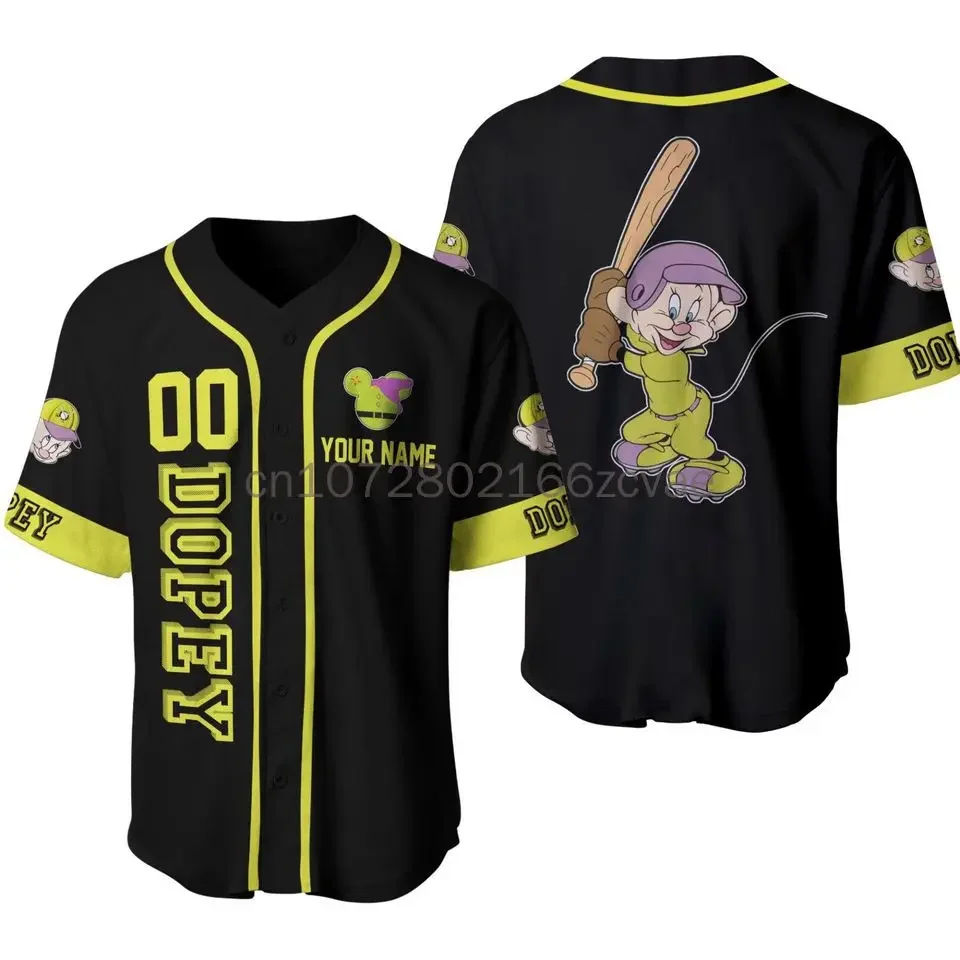 New Disney Dopey Dwarf Green Black Baseball Jersey 3D Printed Casual Fashion Button Custom Baseball Jersey