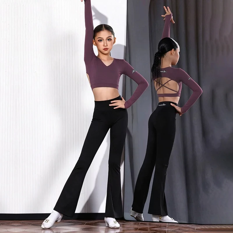 HC Latin Dance Practice Clothes For Girls Long Sleeved Flared Pants Training Suit Rumba Chacha Modern Latin Dance Wear DQS24703