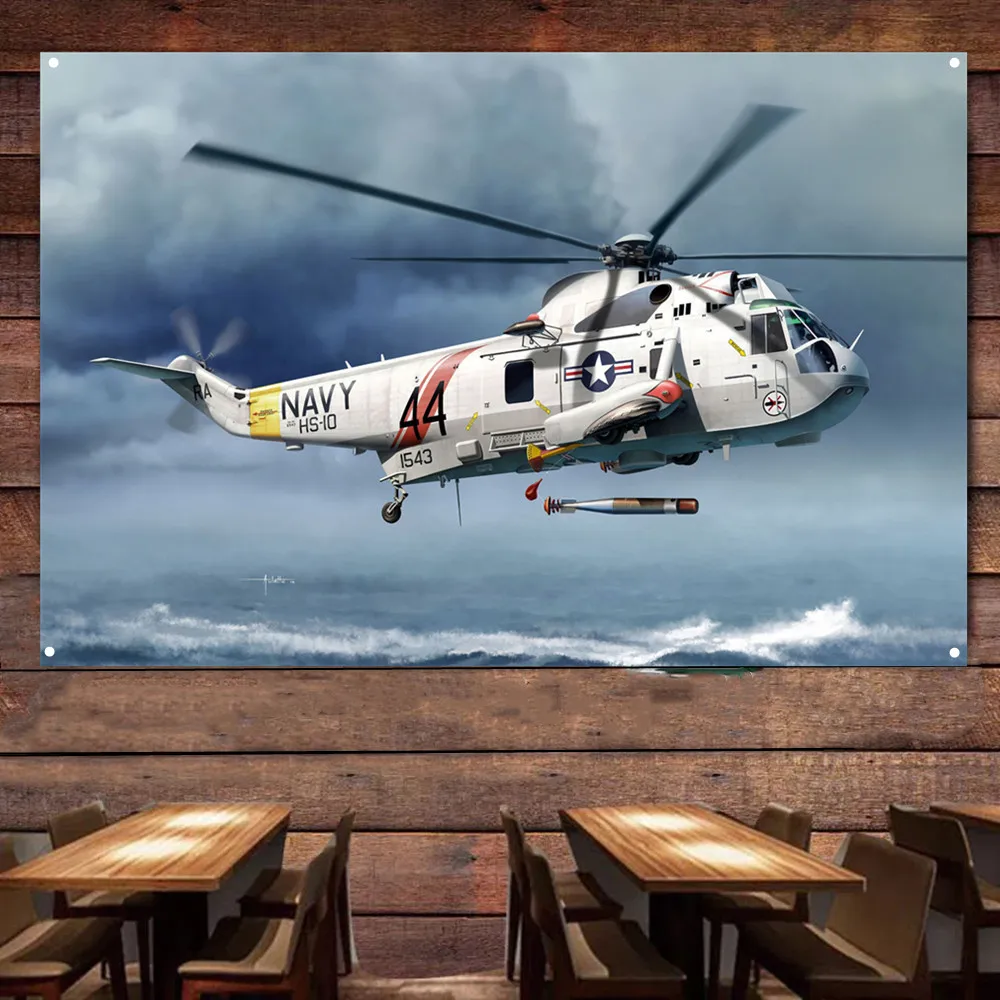 Sea King SH-3H Attack Helicopter Wall Flag, Air Force Wall Art Poster Artwork Banner With 4 Metal Ring Buckles Ready to Hang