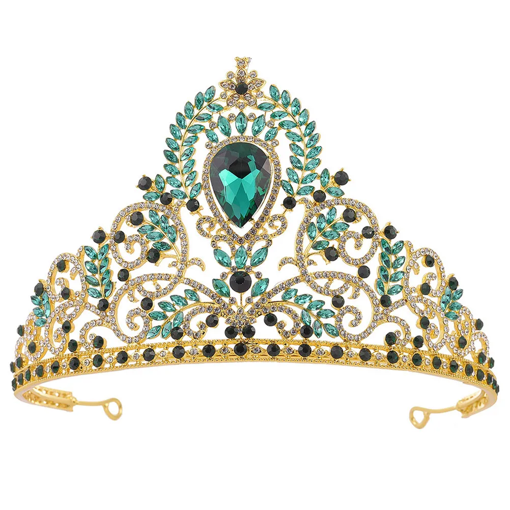 

1Pcs Vintage Baroque Crown Elegant Rhinestone Inlaid Large Tiara Bride Bridesmaid Hair Accessory Wedding Headpiece Green