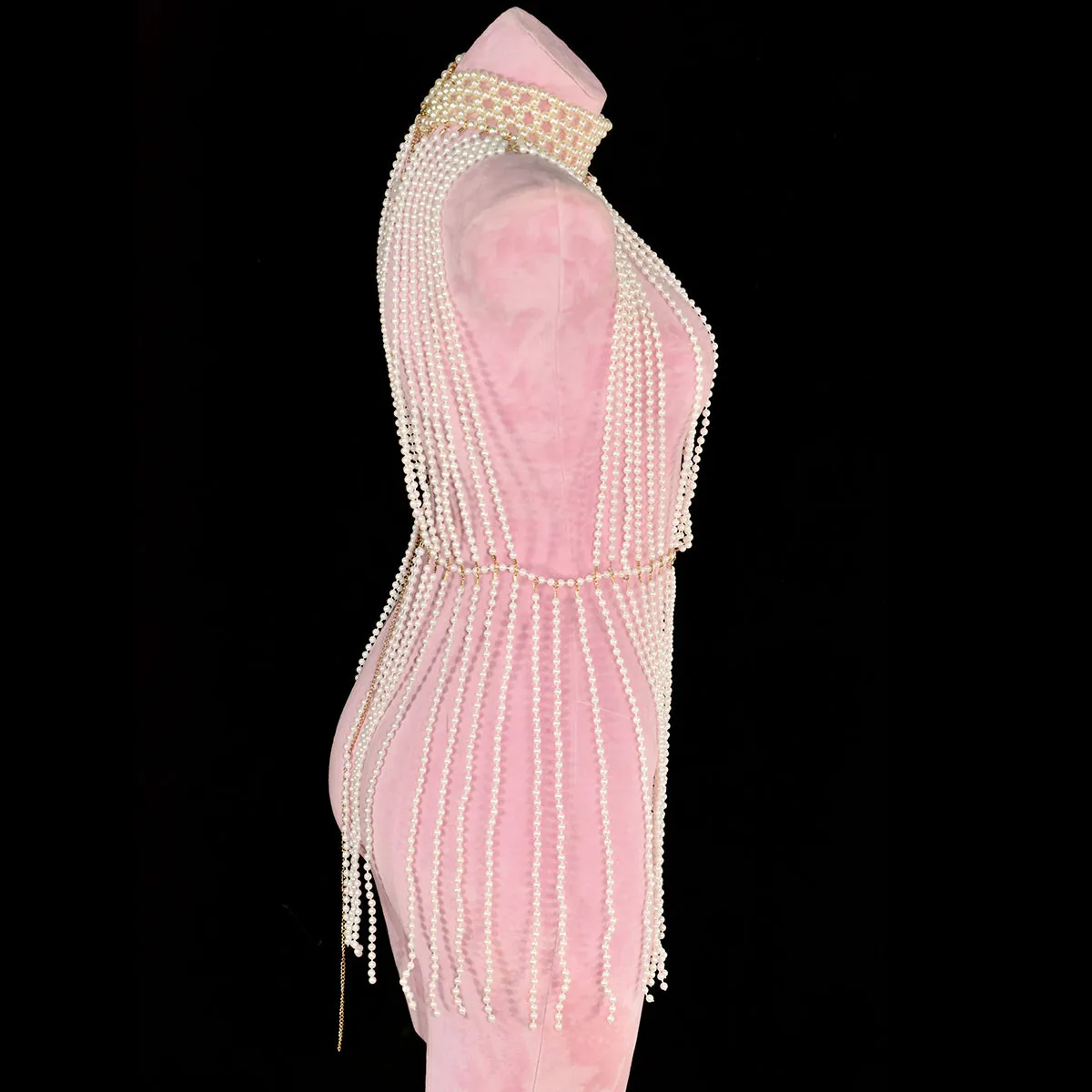 فستان كلاسيكي طويل مزين باللؤلؤ الصناعي أنيق مصنوع يدويًا من نسيج الخرز إكسسوارات عرض مسرحي سلسلة جسم الحفلات #4
