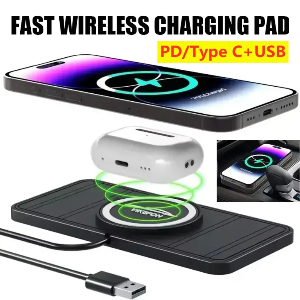 

Car Wireless Charging Pad Silicone Non-slip Phone Chargers RGB Light Induction Fast Charging Station for iPhone 16 15 14 Samsung