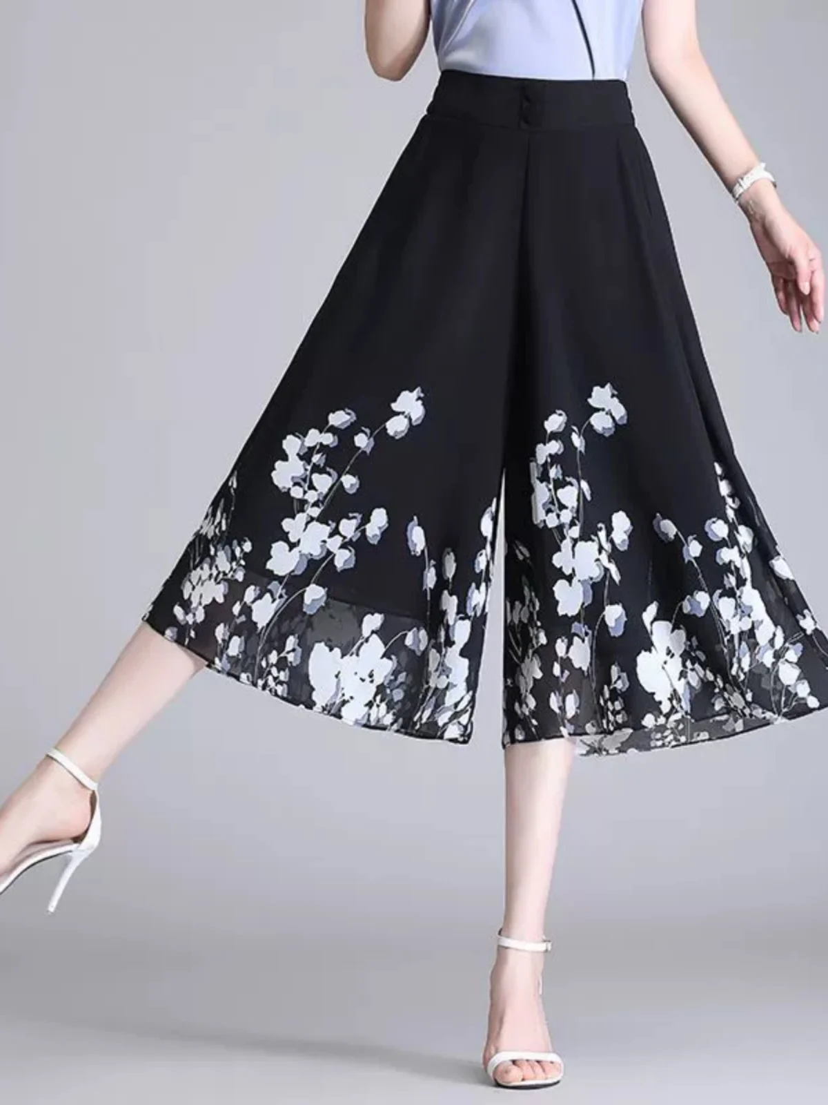 Chiffon High Waist Midi Skirt Women's Summer Thin Wide Leg Pants Slimming Skirt A-Line Skirt Button Design Other Material 100%