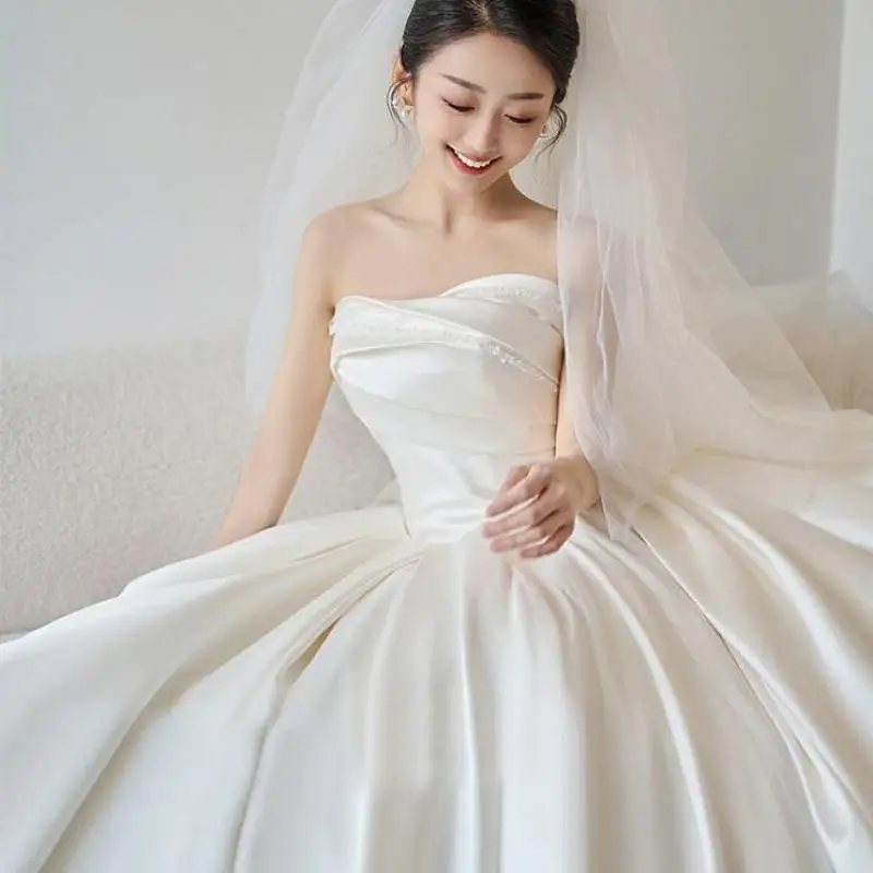 Satin Wedding Dresses For Women Classic Sexy Strapless Bridal Dress With Train 2023 New Sleeveless Simple Robe De Mariee