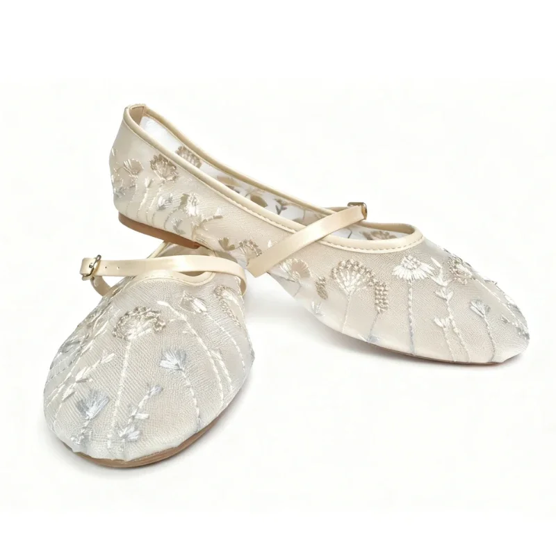 

Elegant Mesh Embroidery Ballet Flats Women Fashion Shallow Round Toe Mary Jane Shoes Light Comfortable Soft Sole Flat Shoes