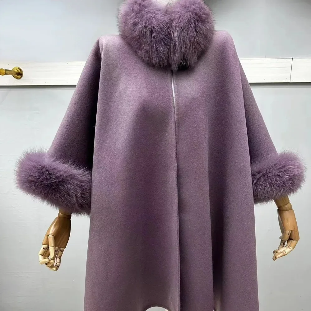 Manteau en fourrure de renard naturel pour femme, col en fourrure de renard naturel, poignets, manches évasées, laine, luxe, veste d'hiver, nouveau, 2024