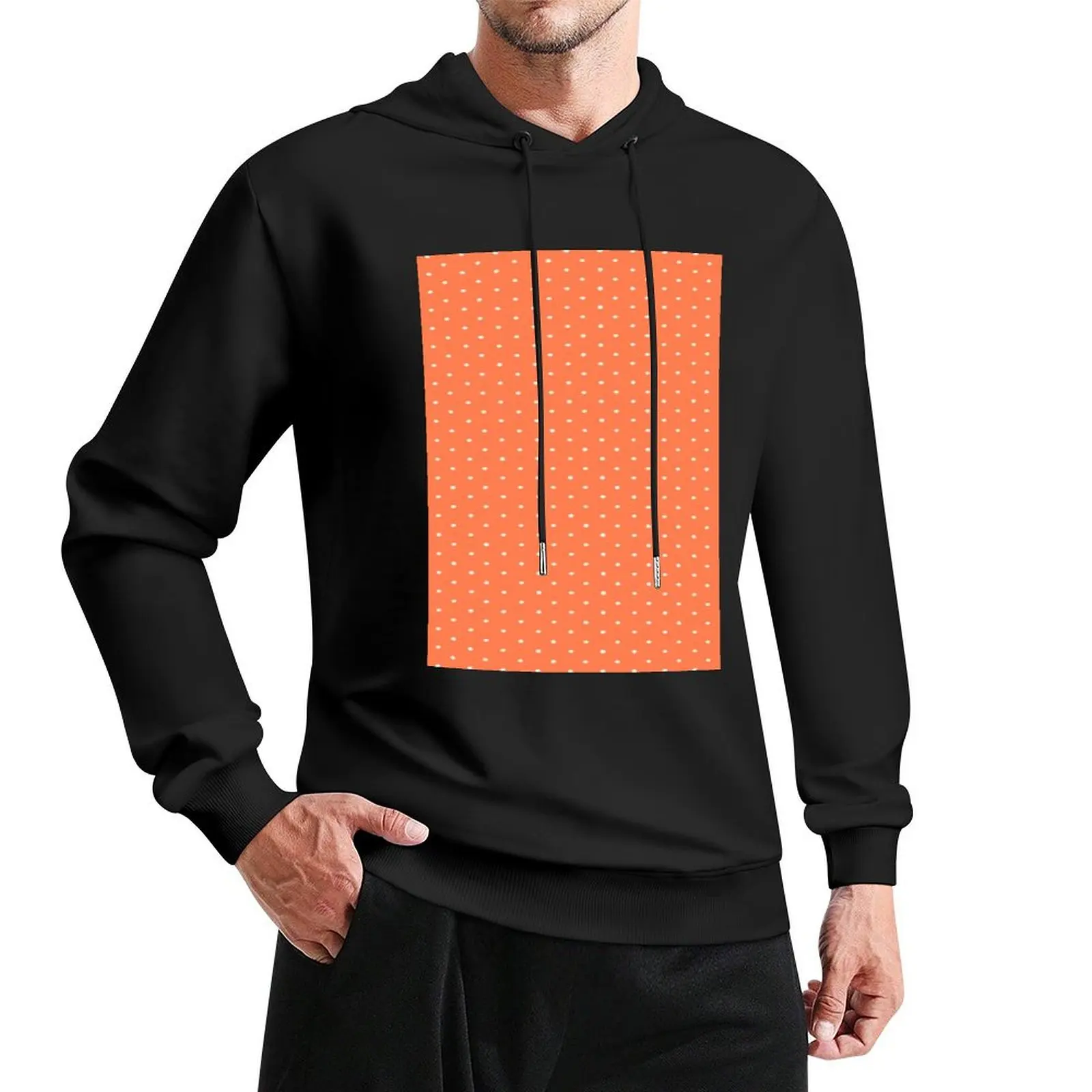 

White polka dots on coral color background Pullover Hoodie clothes for men anime clothes autumn hoodie