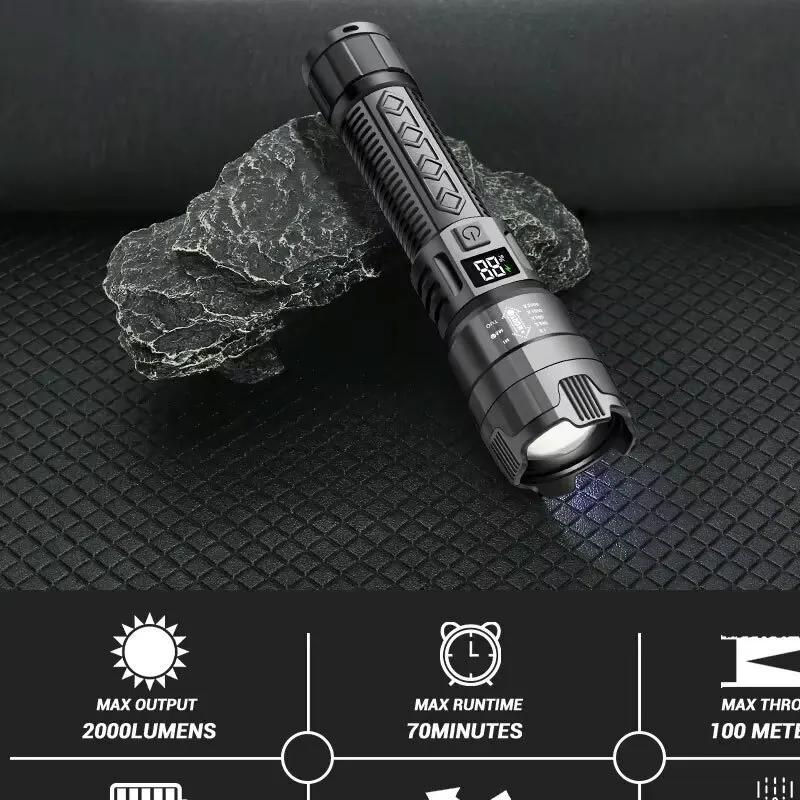 High Strong Power Led Flashlights 2000LM Tactical Torch with Display Light USB Charging Camping Fishing Emergency Zoom Lantern view 5