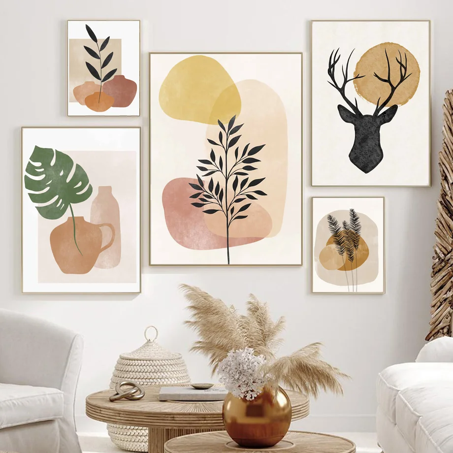 

Abstract Monstera Vase Reed Deer Boho Posters Wall Art Pictures Nordic Living Room Decor Prints Canvas Painting