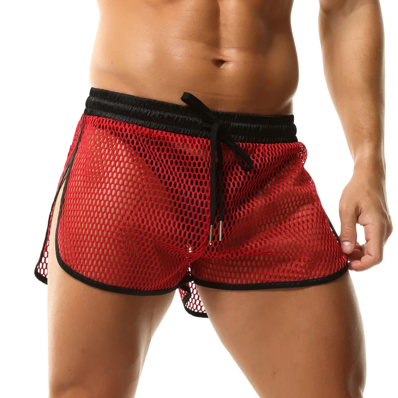 

Men Mesh Sheer Fitness Sports Shorts Boxer Trunk Loose Side Fork Casual Bottoms Aro Pants Homewear Breathable Mesh Boxers Sheer