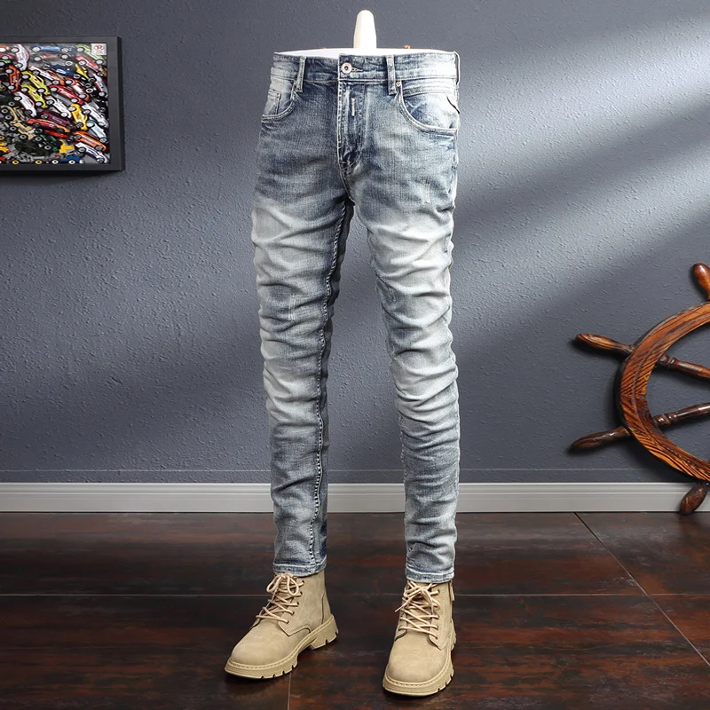 

Newly Designer Fashion Men Jeans Retro Light Blue Elastic Slim Fit Ripped Jeans Men Vintage Casual Stretch Denim Pants Hombre