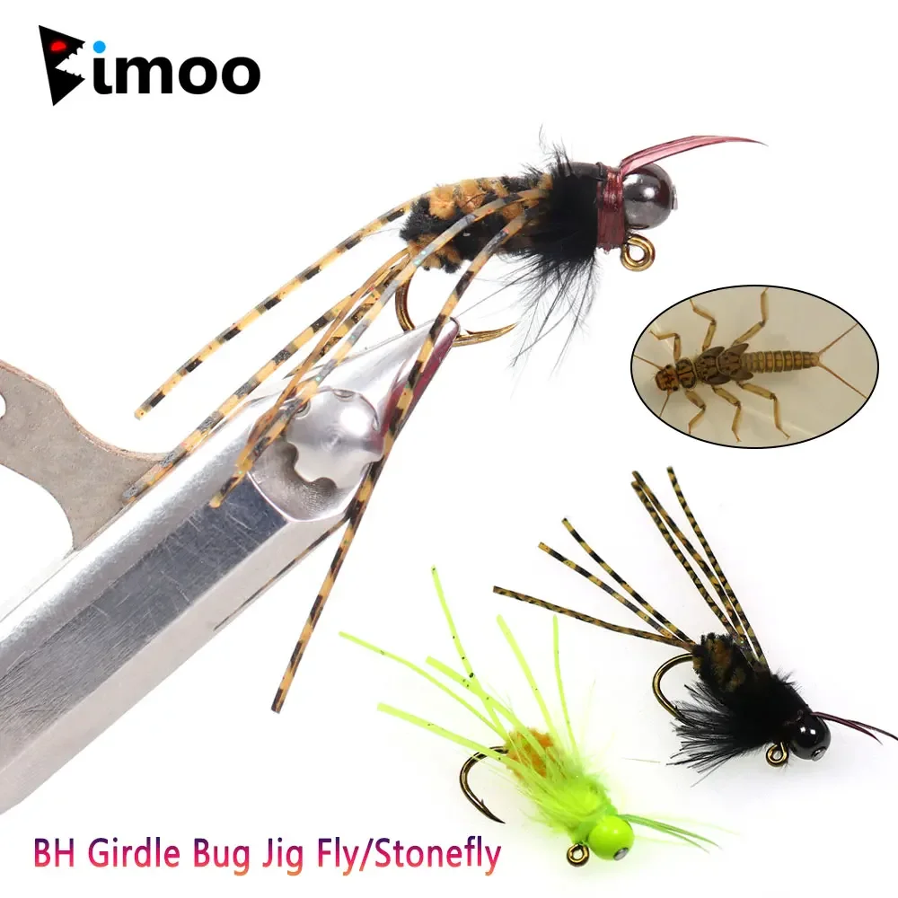 Bimoo 4PCS #4 Brass Bead Head Girdle Bug Jig Fly Grizzly Rubber Legs Fast Sink Stonefly Barbed Jig Hook Wet Trout Fishing Lures