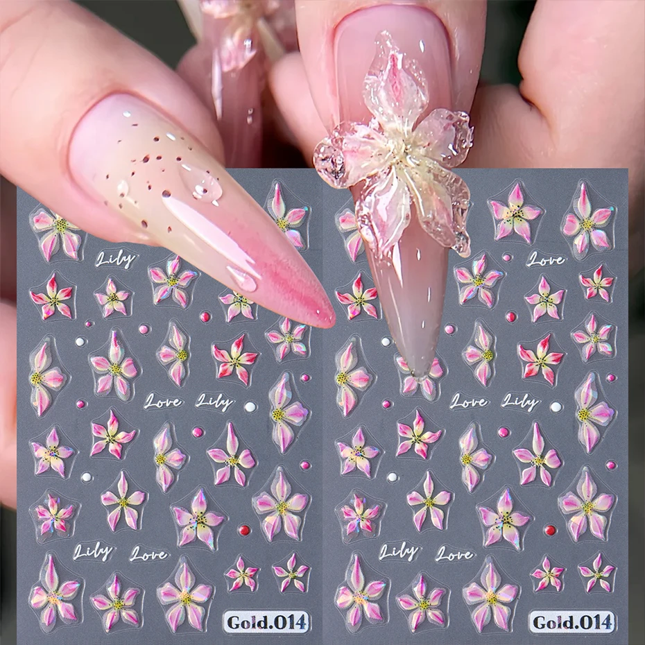 2pcs 반짝 이는 백합 꽃 네일 아트 스티커 데칼 난초 꽃 접착제 슬라이더 홀로그램 스티커 매니큐어 네일 아트 장식