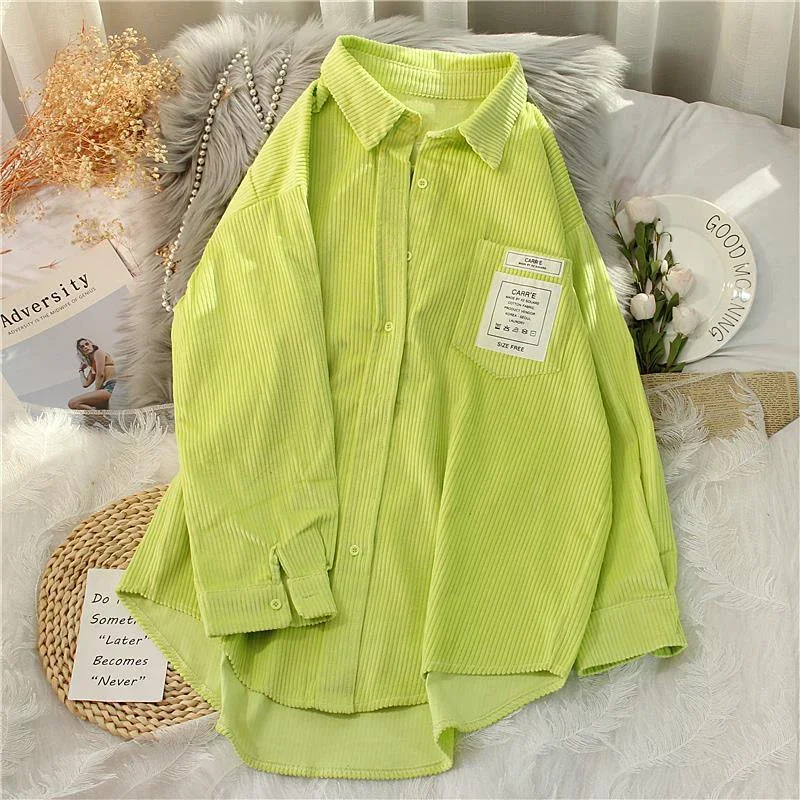 

DAYIFUN Oversize Corduroy Shirt Women Fashion Letter Fluorescent Color Long Sleeve Fall Blouse Button Up Loose Blusas Female Top