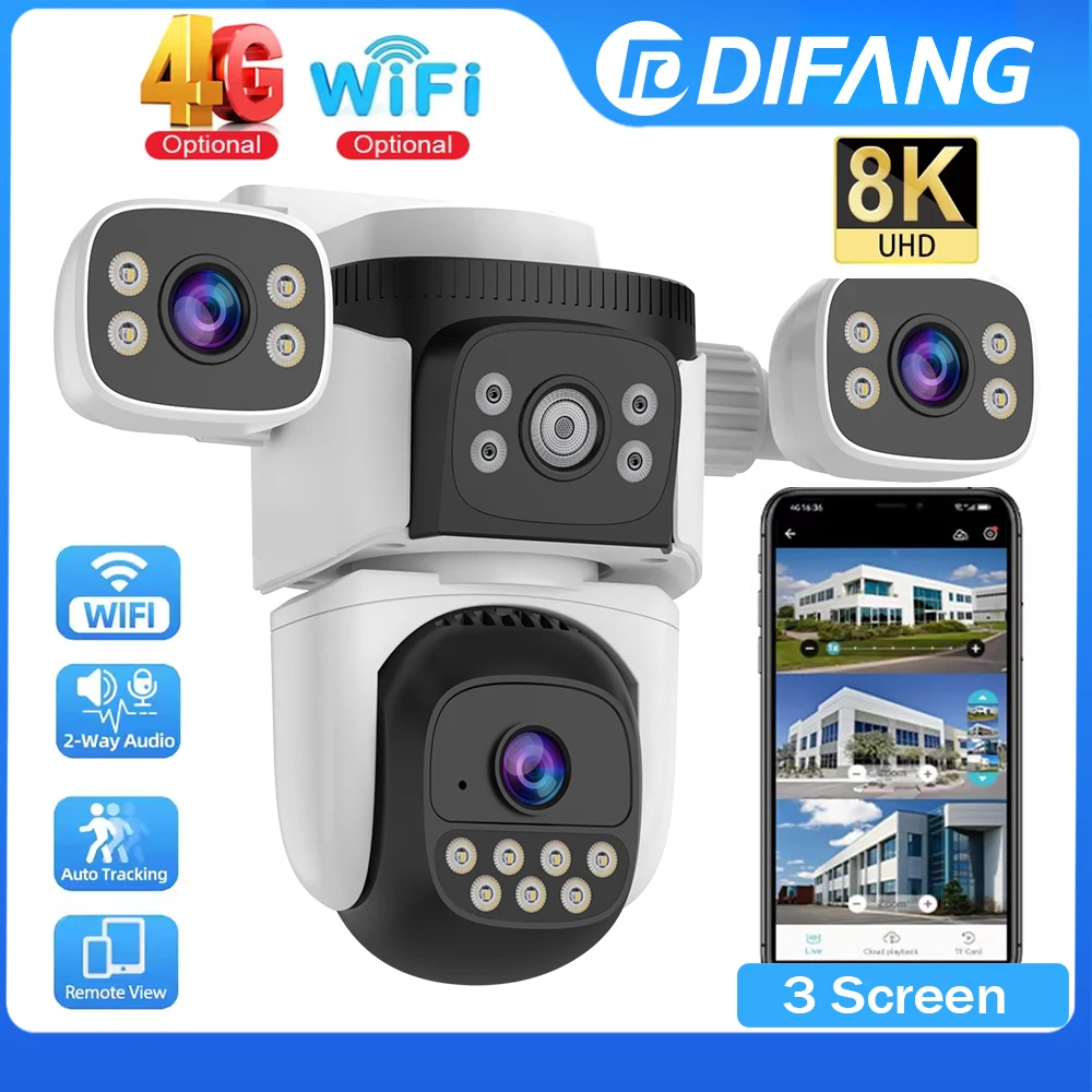 

8K WiFi Camera Three Screen 15MP 4G Sim Card CCTV IP Camera Auto Tracking Three Lens External Surveillance Security Camera