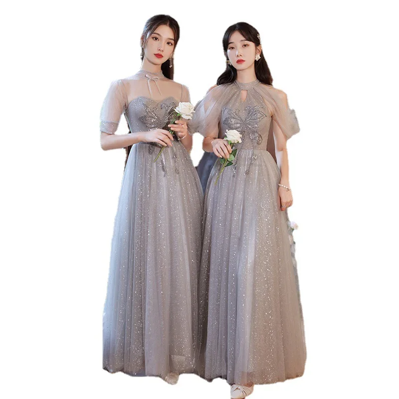 Grey Tulle  Bridesmaid Dress Women Appliques Sequin Off Shoulder A-line Graduation Dresses Simple Gentle Elegant Choir Gown