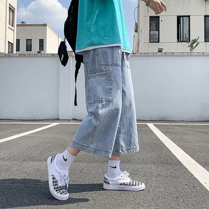 Denim Shorts For Men's Summer Loose Fit Plus Size Shorts 5xl Straight Drawstring Elastic Waist Wide Leg Travel Vacation Capris