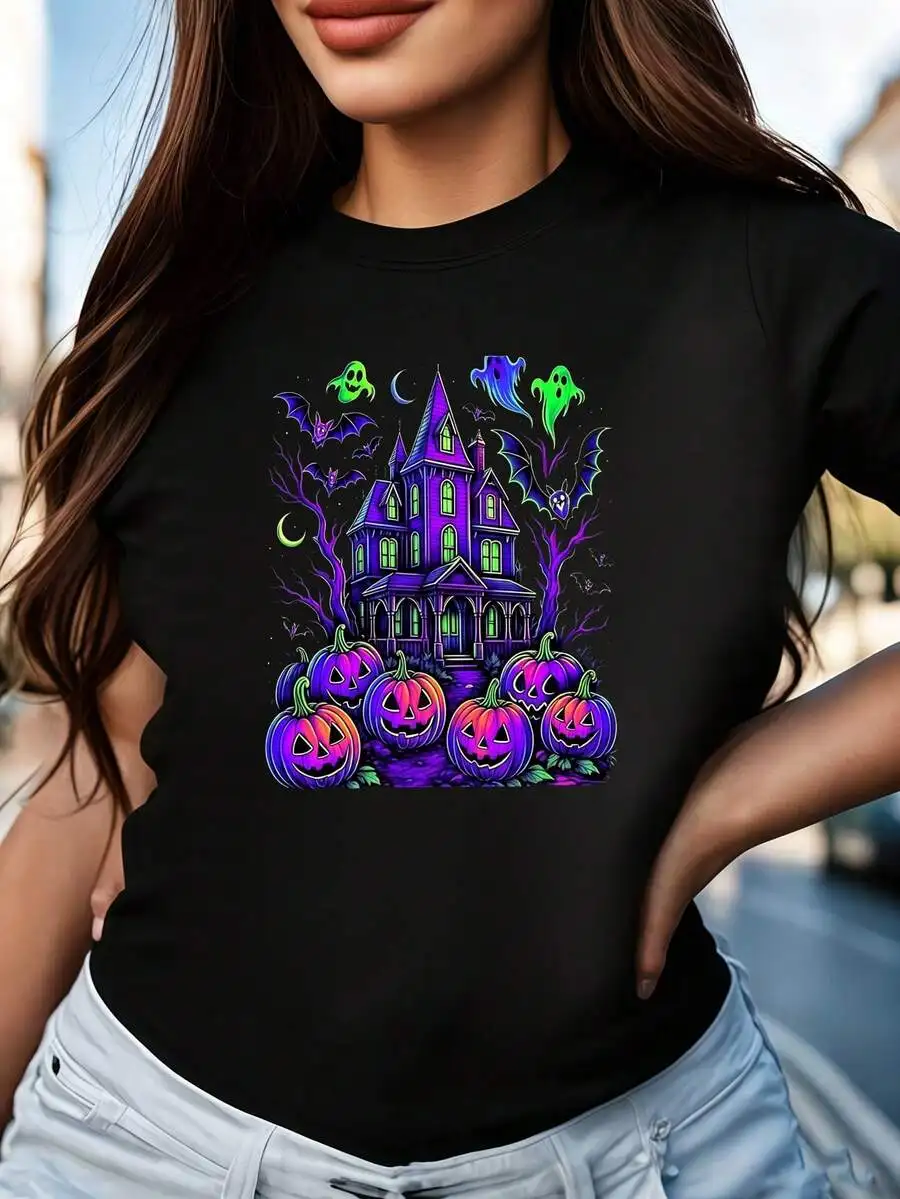 Halloween‑Vibe Women Short‑Sleeve T‑Shirt Crew Neck Haunted Pumpkin Pattern Print Black Summer Daily Wear Tops