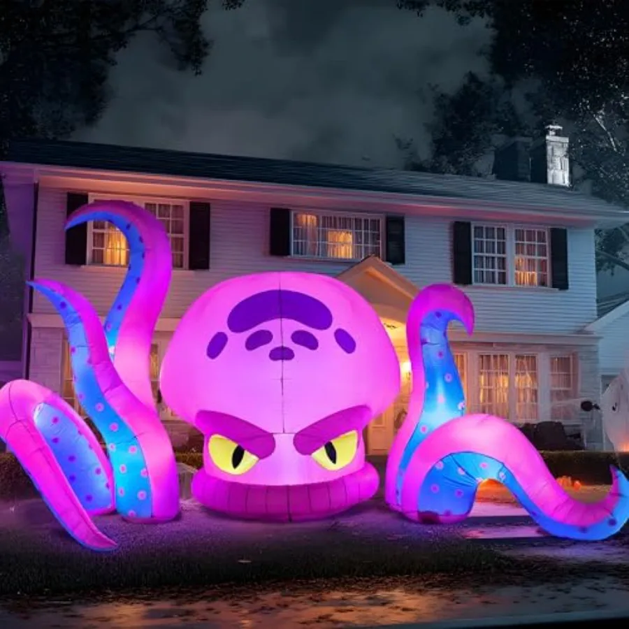 Halloween inflatable octopus decoration for indoor outdoor use, PVC material, black color, built-in LEDs and 10FT size for yard
