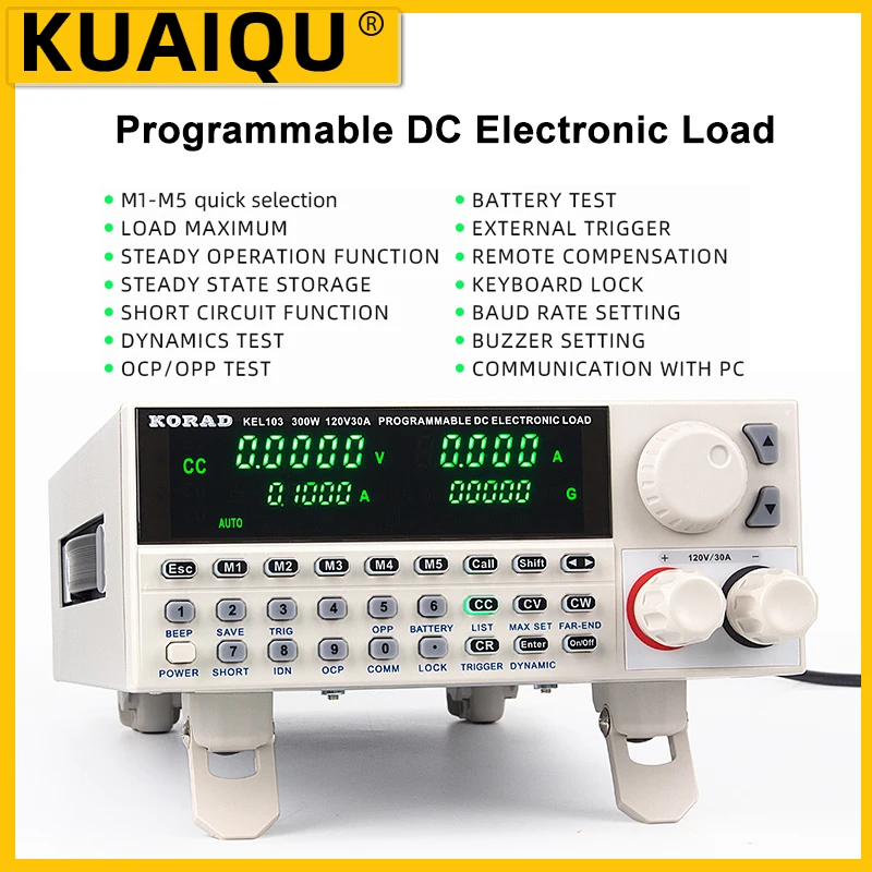 KUAIQU KEL103 KEL102 carga electrónica CC programable 150W/300W ajustable 120V 30A probador de Control Digital RS-232 conexión USB