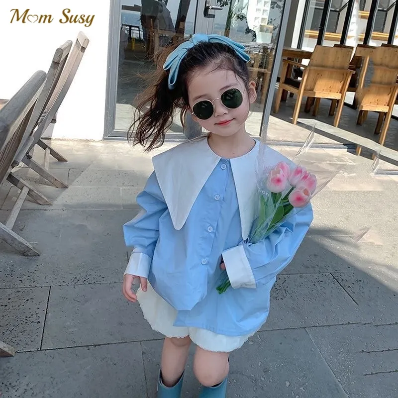 Fashion Baby Girl Cotton Shirt Pointed Collar Infant Toddler Child Blouses Outfit Long Sleeve Spring Autumn Baby Clothes 1-10Y