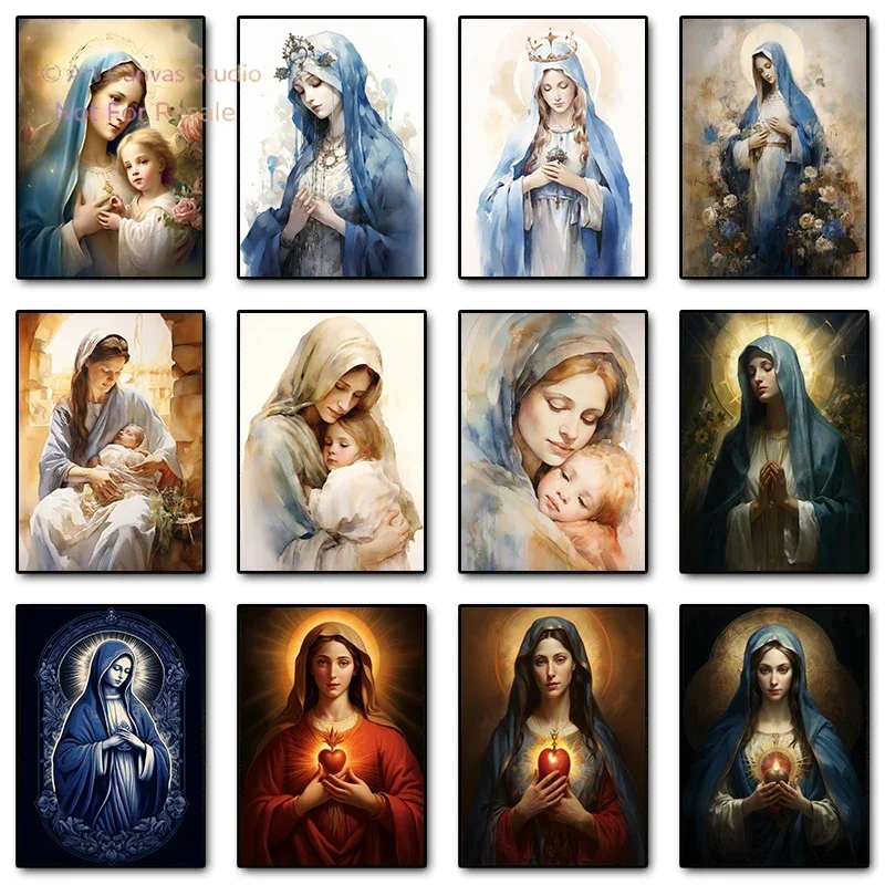 Blessed Virgin Mother Mary Poster and Print Canvas Painting Christian Faith Wall Art Picture for Religiou Church Room Home De