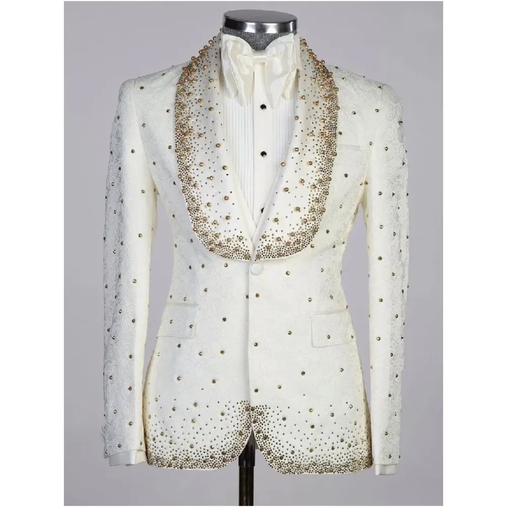 

Luxury Ivory Men's Suits 3 Pcs Beads Diamonds Pearls Tailored One Button Wide Lapel Jacquard Blazer Vest Plus Size Weddin Dress