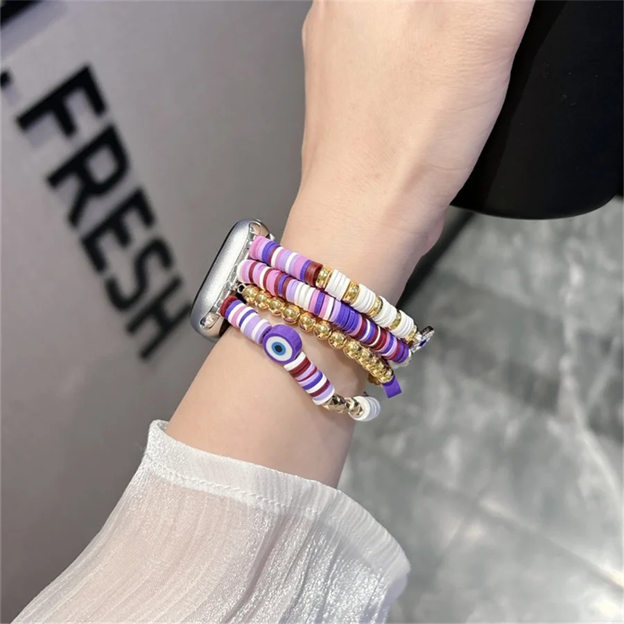 Bohemian bead bracelet compatible with iWatch strap 38mm 40mm 41mm 42mm 44mm 45mm 49mm for women, fashionable handmade elastic s