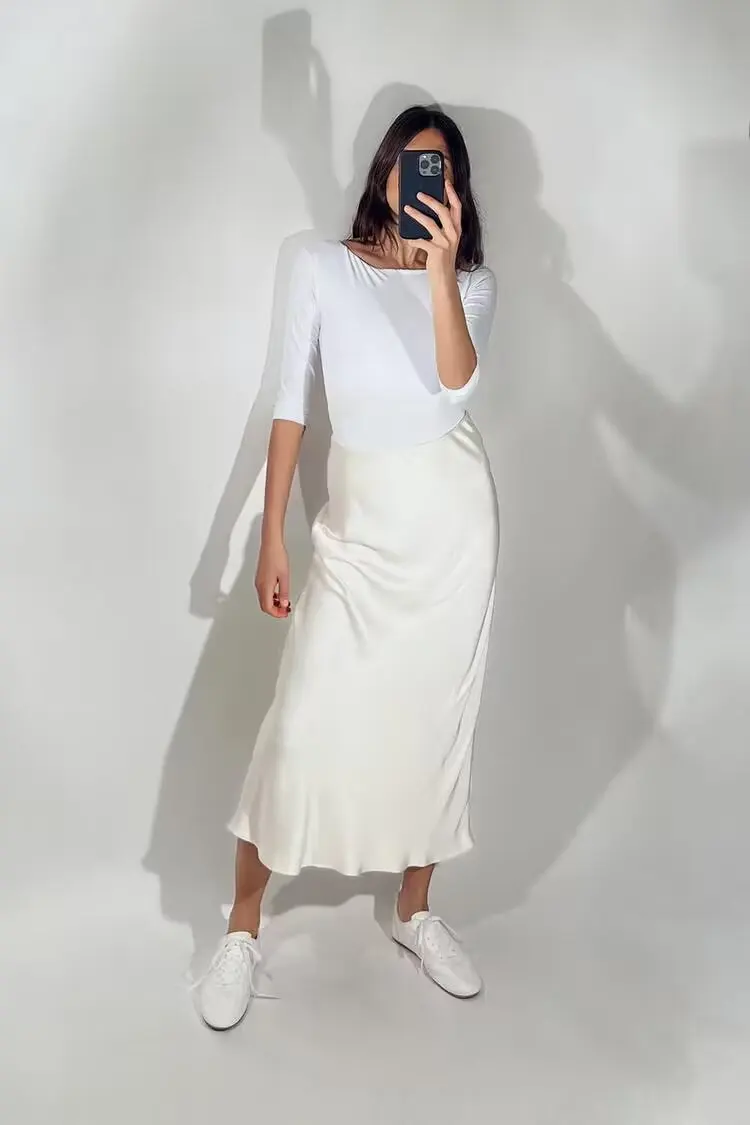 

Spring New Arrival Women's Simple Elastic Waist Skirt A-Line Midi Skirt Silk Satin High Waist Midi Skirt Commute Sle Pure C...