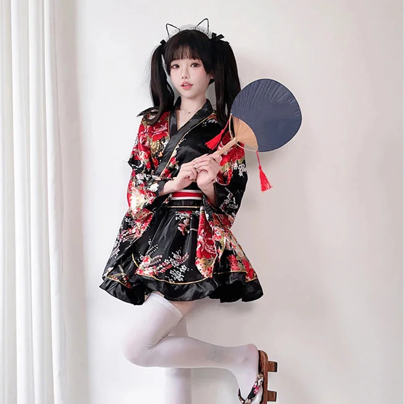 여성 일본 기모노 Raditional Cultural Cosplay Costume 멋진 드레스 게이샤 유카타 가운 꽃 Haori Set Kawaii Lolita Dresses