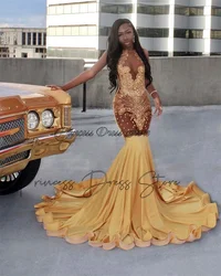 Shiny Gold Diamonds Long Prom Dresses 2025 Sparkly Beads Rhinestone Crystal Sequins Gown For Black Girls Birthday Party Gown